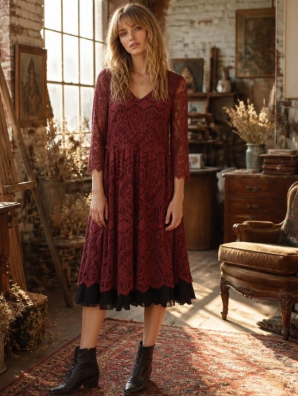 sahalie Burgundy Lace Midi Dress with Black Slip Layering
